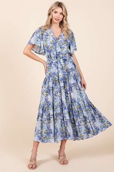 Dana® | Tiered floral dress with tie waist and flutter sleeves