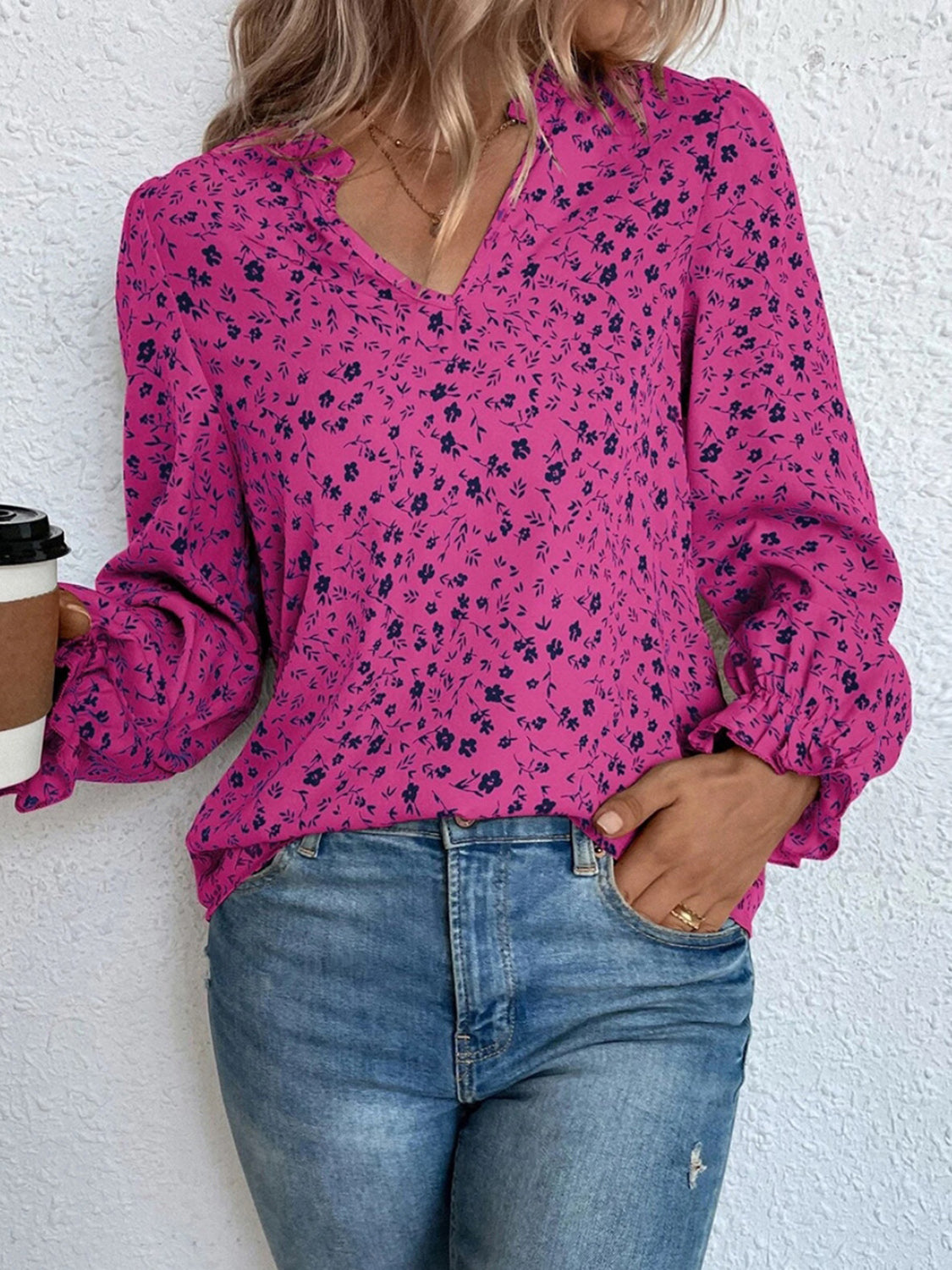 Allison® | Elegant Long-Sleeved Floral Blouse With Ruffle And Notch Collar