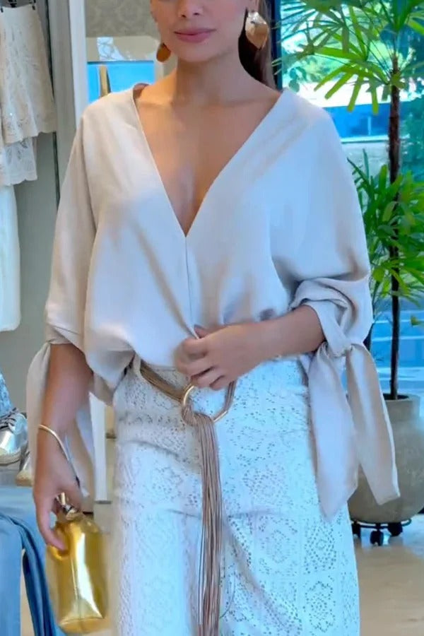 Edith® | Joyful Bond Linen Blend V-neck Knotted Cuff Half Sleeve Loose Top