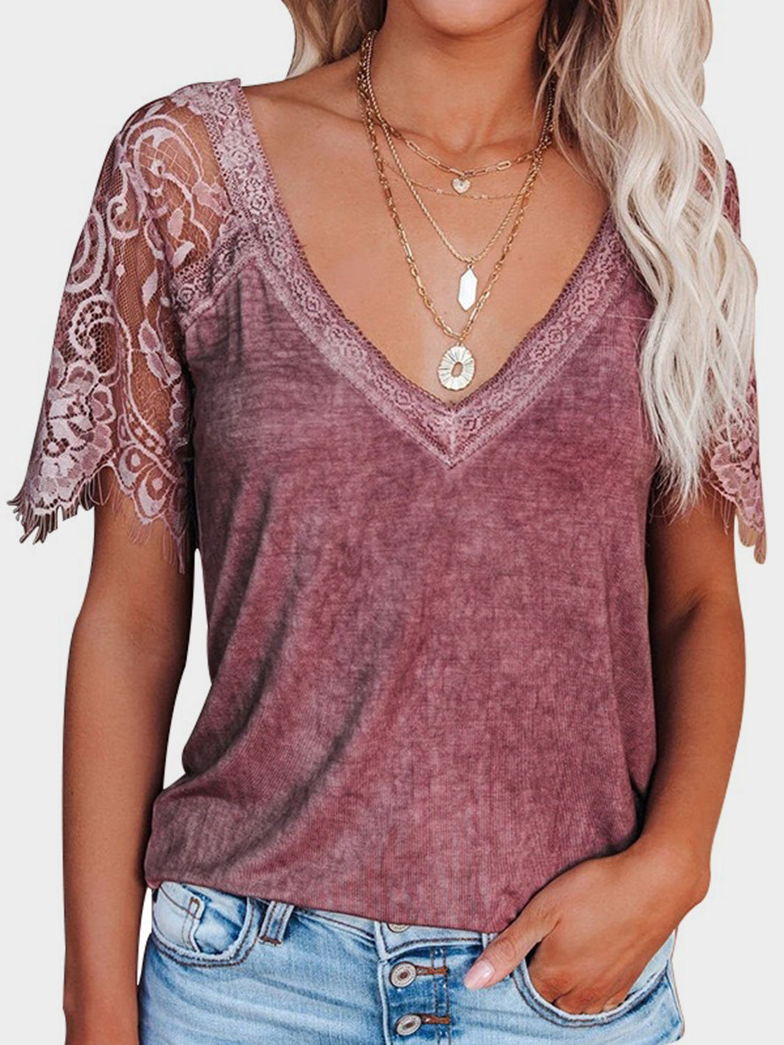 Barbara® | Short-sleeved lace patchwork V-neck T-shirt