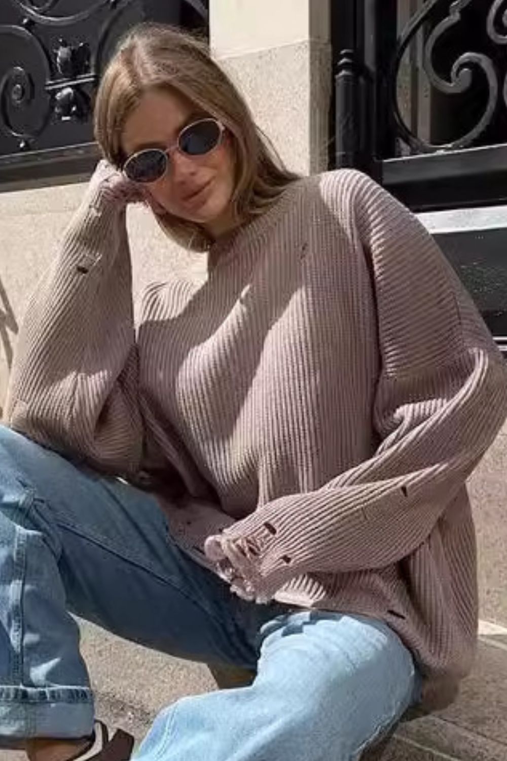 Brigitta® | Long-sleeved crew-neck sweater with a distressed look