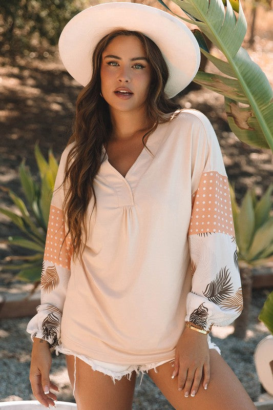 Elena® | Patchwork sweatshirt with polka dot puff sleeves for women