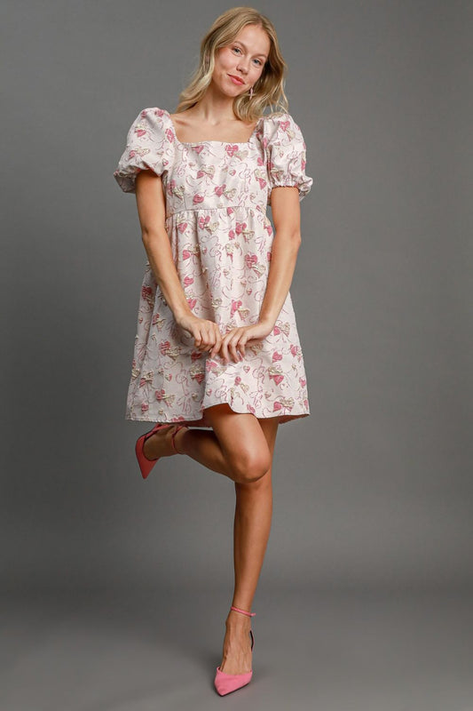 Ella® | Heart jacquard mini dress with square neckline and puff sleeves