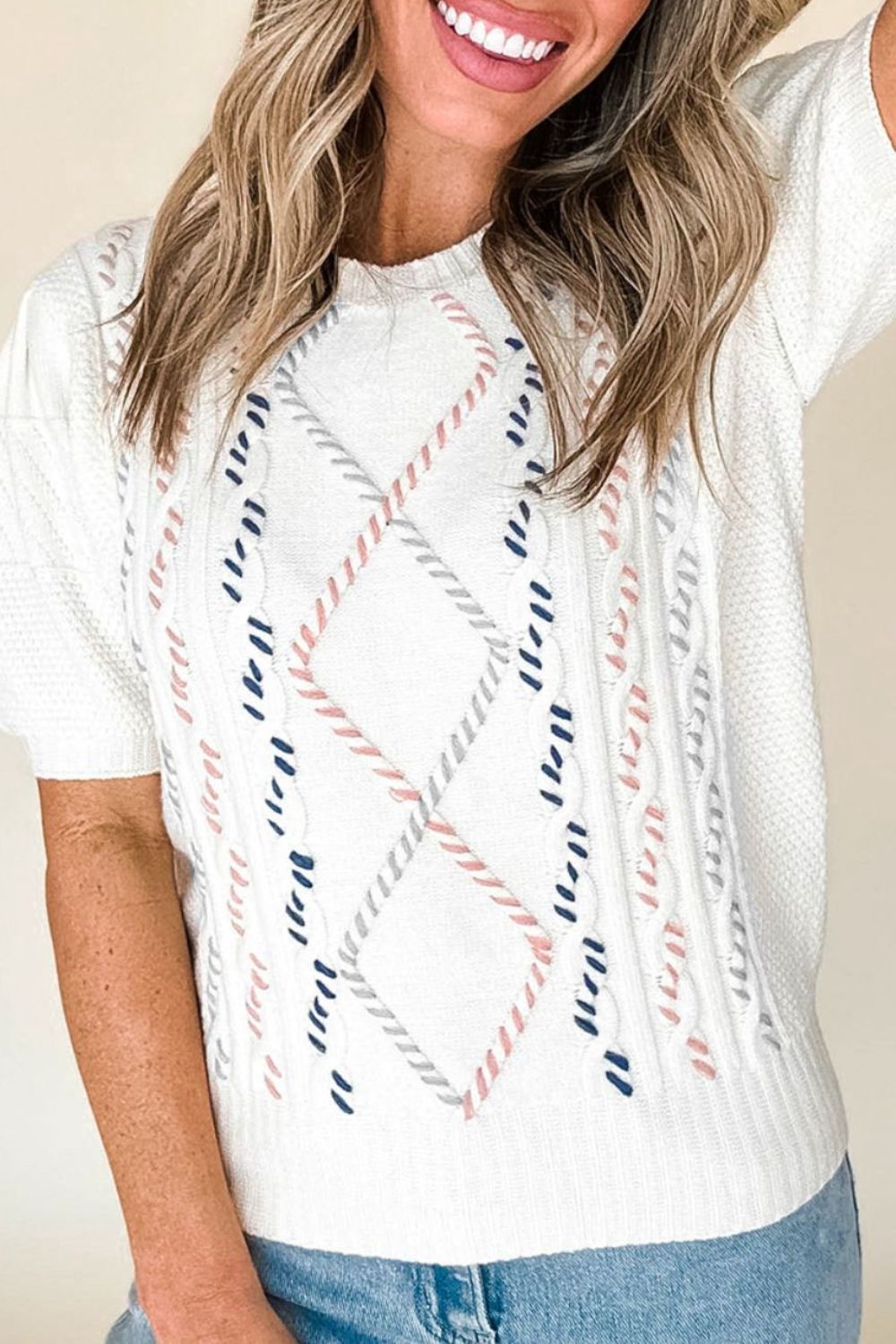 Bianca® | Half-sleeved sweater with cable knit and crew neck