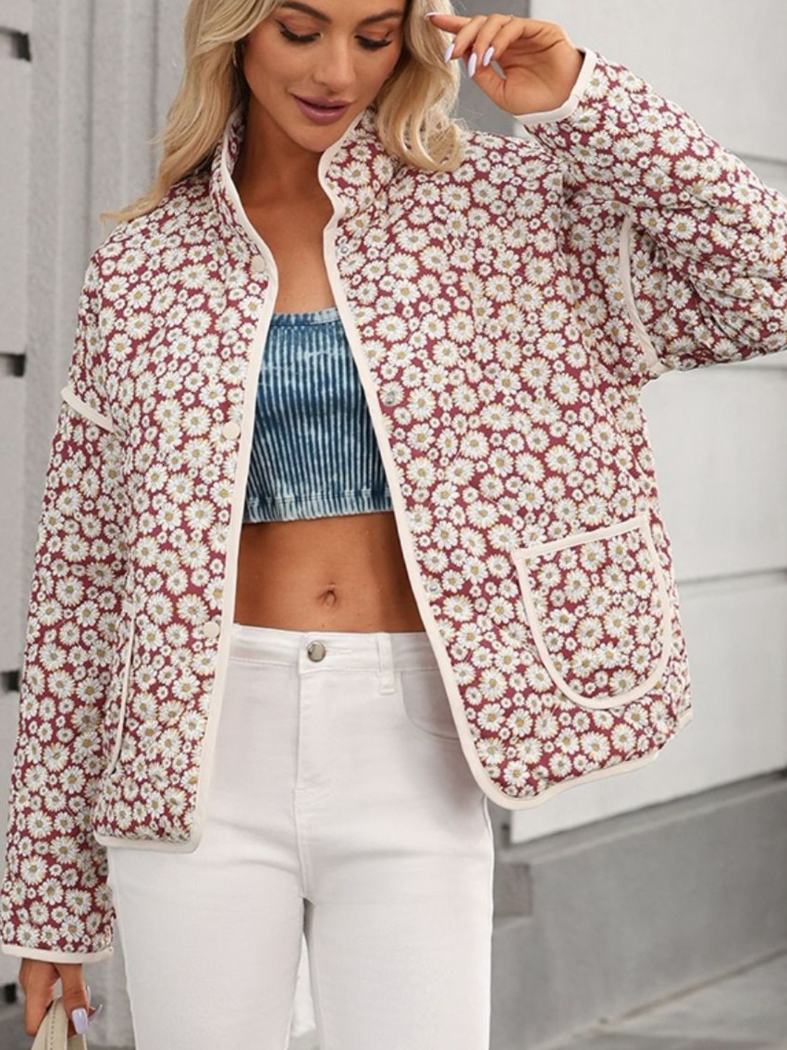 Clara® | Floral print long sleeve outerwear with snap fasteners