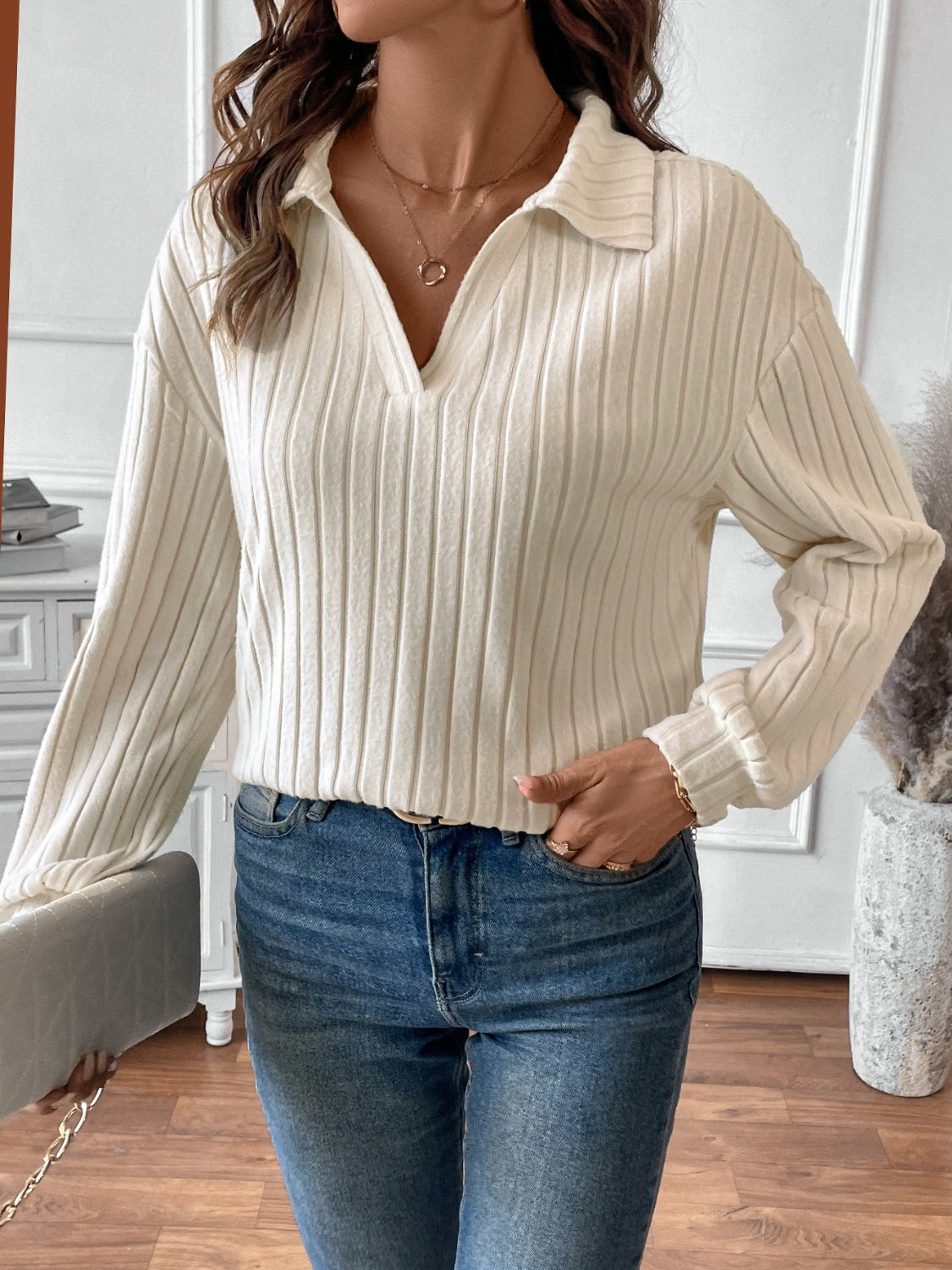 Charlotte® | Ribbed long sleeve t-shirt with Johnny collar