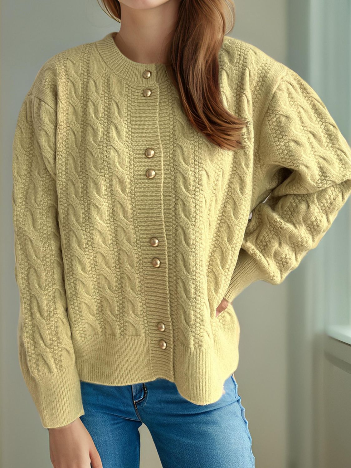 Cristina® | Cable knit cardigan with a crew neck and long sleeves