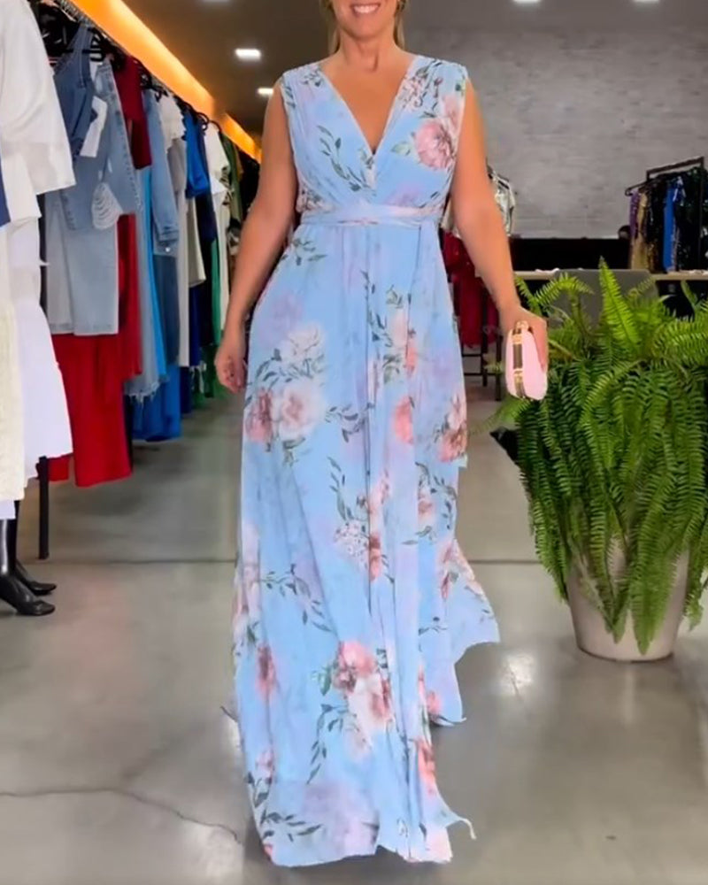 Barbara® | Elegant V-neck sleeveless dress with floral print