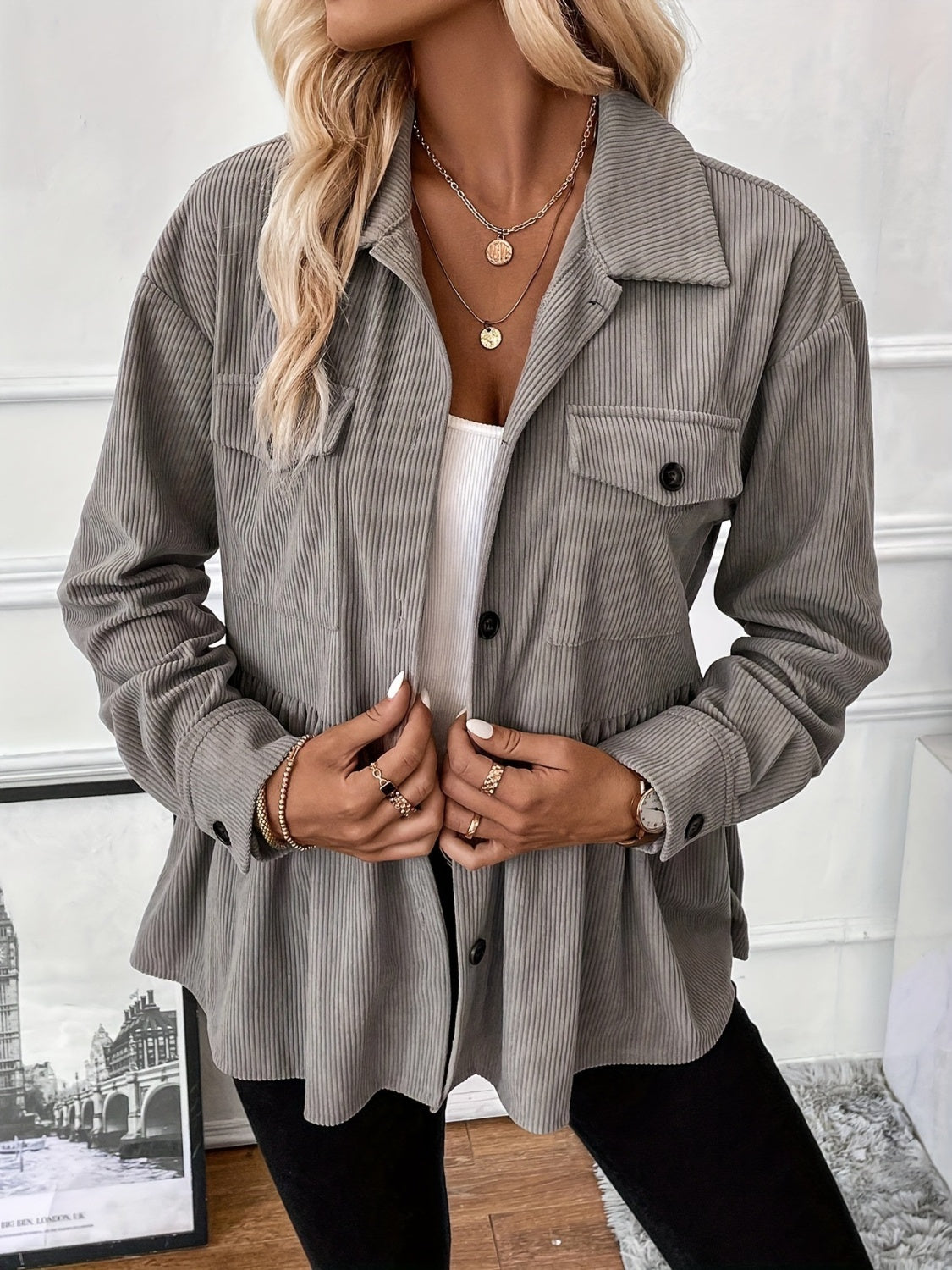 Angela® | Corduroy peplum jacket with buttons