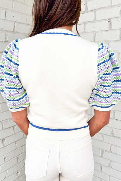 Daisy® | Crochet striped sweater with puff sleeves
