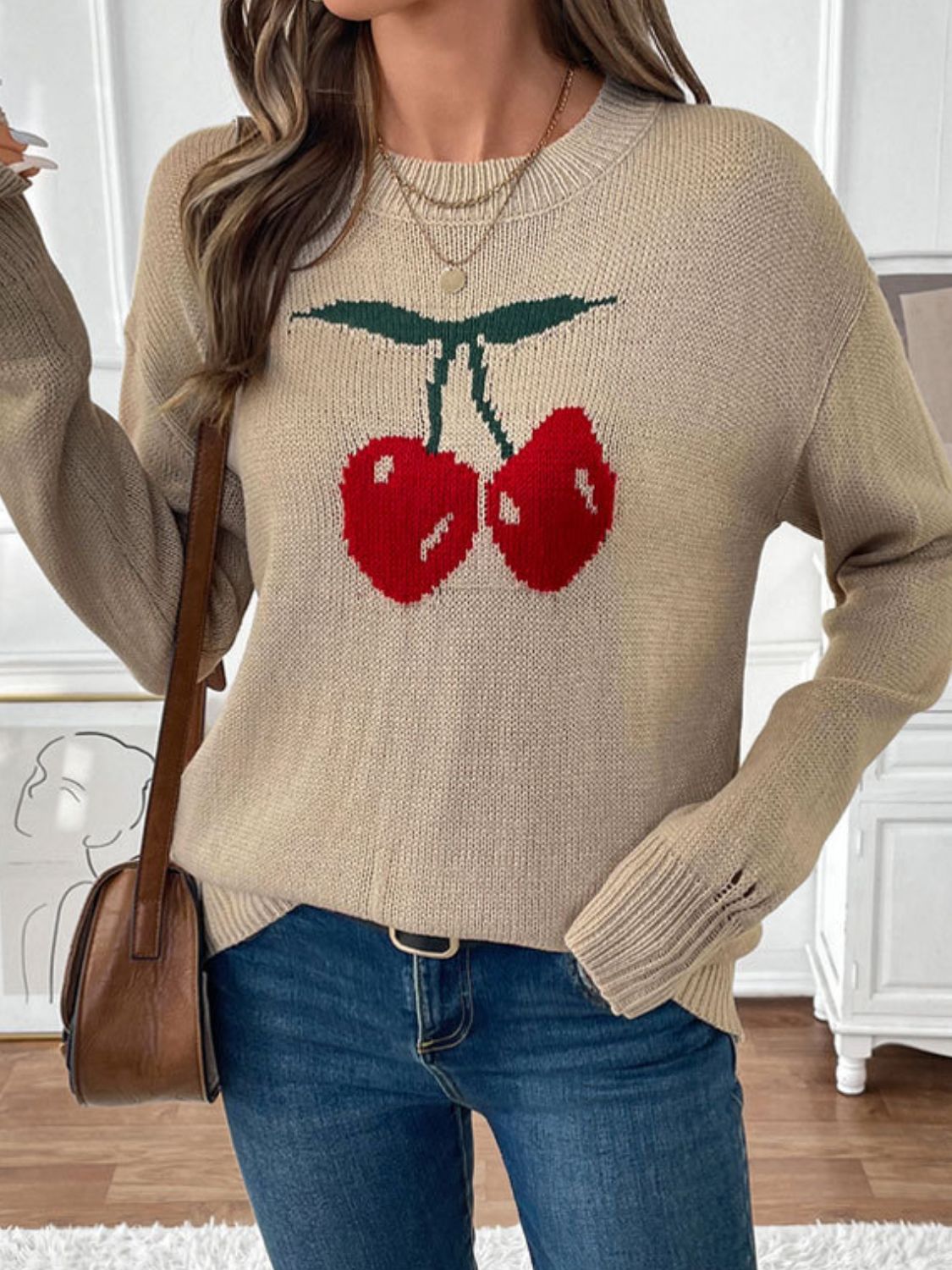 Cintia® | Perfee Cherry crew neck long sleeve sweater