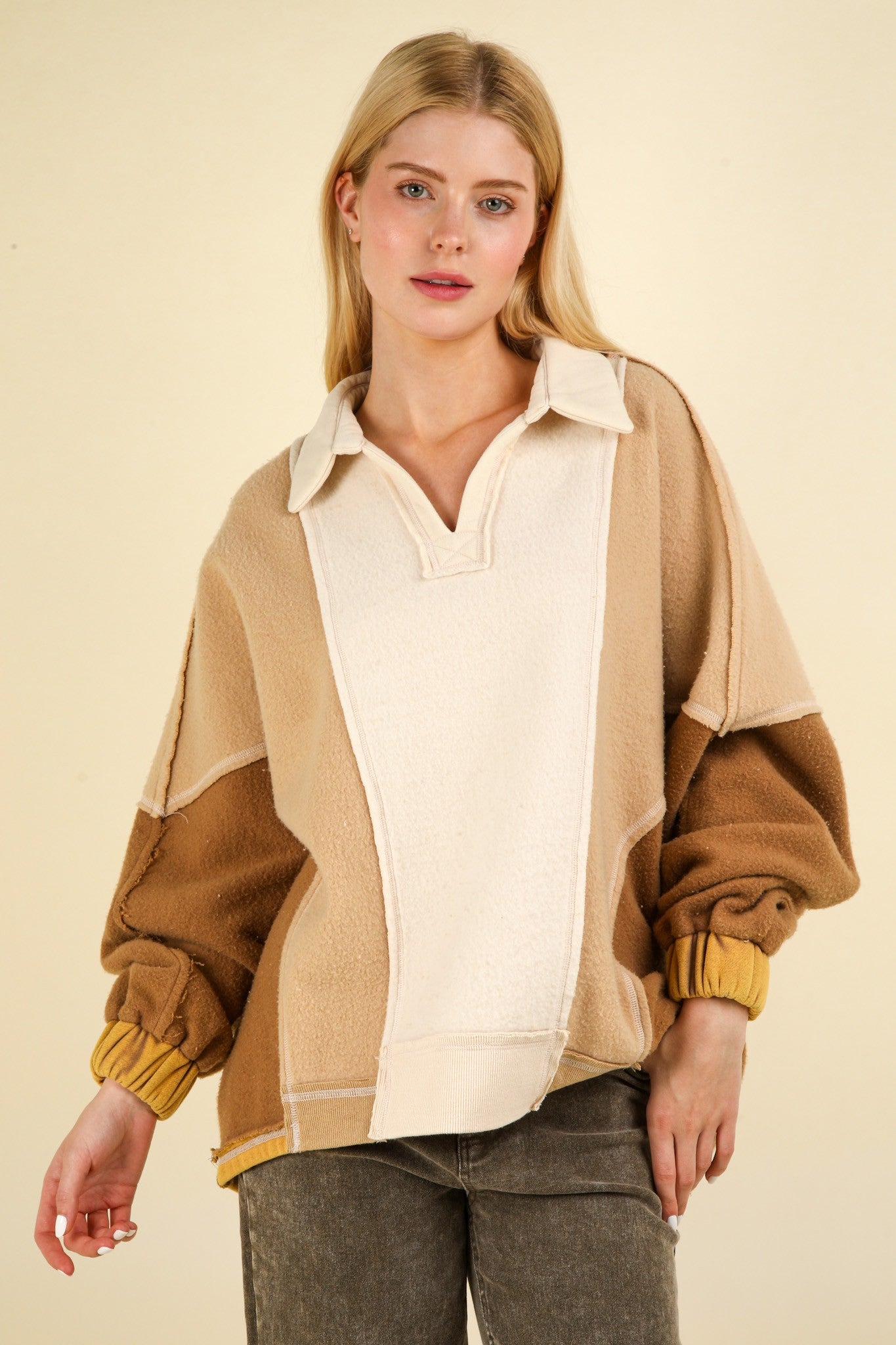 Adoncia | VERY J Color Block Johnny Collar Frenchy Terry Sweatshirt