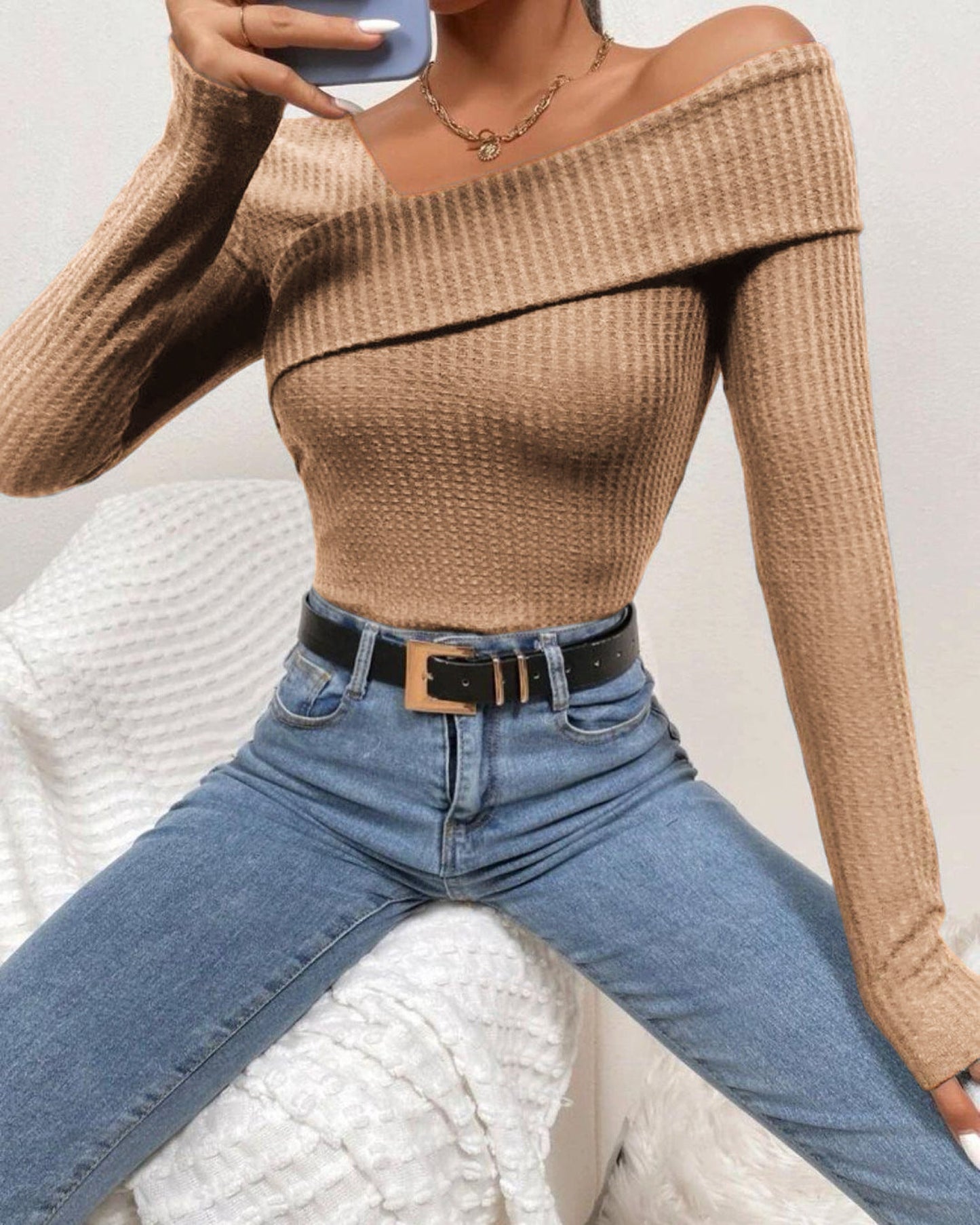 Calypso® | Women Spring Summer Solid Color Knitted Off Shoulder Long Sleeve Casual Jumpsuit Blouse
