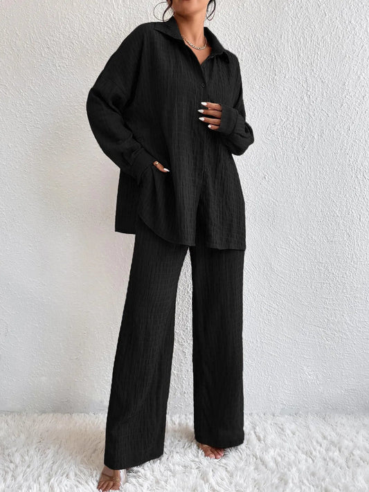 Elettra® | Elegant Long-Sleeved Button-Down Blouse And Pants Set