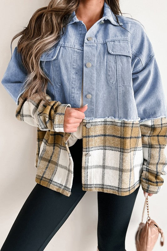 Catalina® | Oversized plaid patchwork denim jacket with buttons