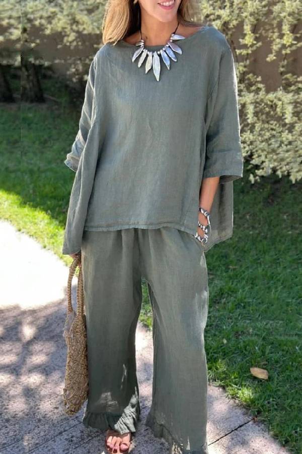 Claudia® | Casual solid color loose cotton linen top and pants two piece set