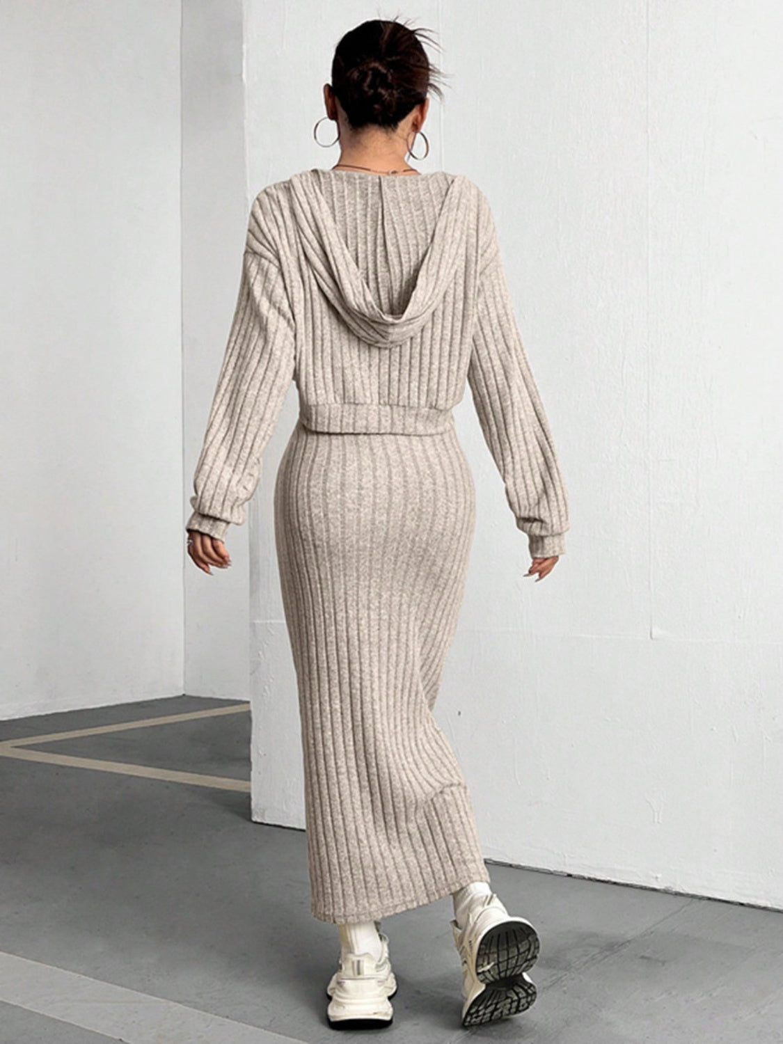 Clara® | Ribbed cropped hooded top and V-neck tank dress set