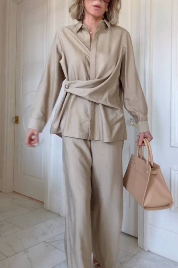 Diana® | Cross-waist shirt and wide-leg pants suit