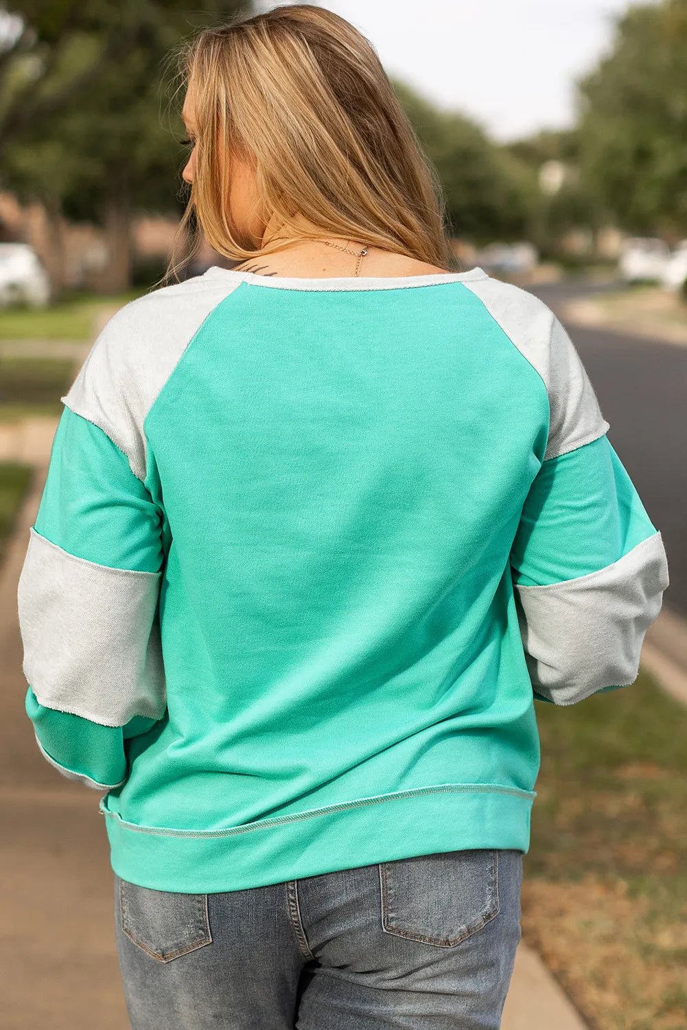Elena® | Plus size color block long sleeve sweatshirt with exposed seams
