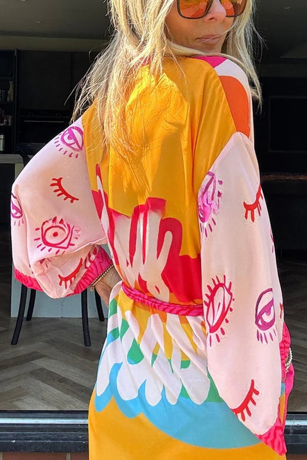 Dolores® | Elevate Beach Style Unique Print Long Sleeve Belted Pocket Cover-up Kimono