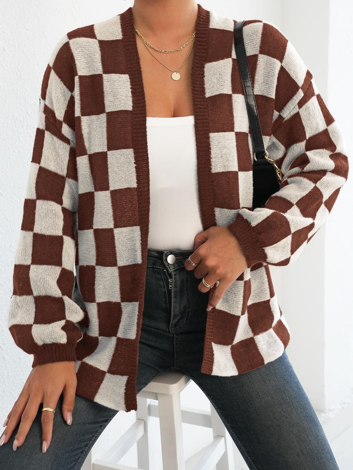 Carolina® | Checked open front long sleeve cardigan
