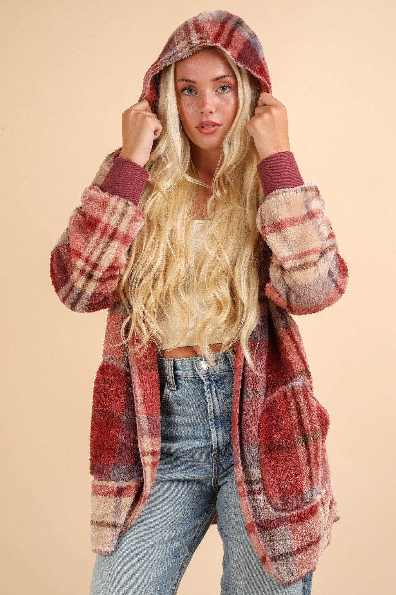 Araceli | VERY J Fuzzy Plaid Long Sleeve Hooded Jacket