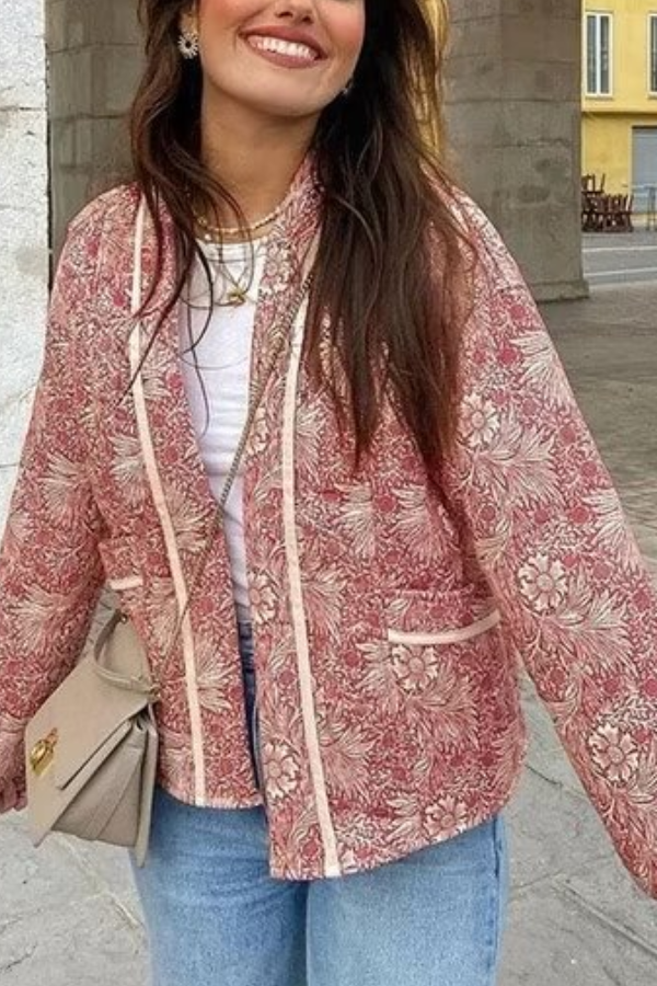 Edna® | Retro Print Loose V-Neck Cardigan Cotton Jacket