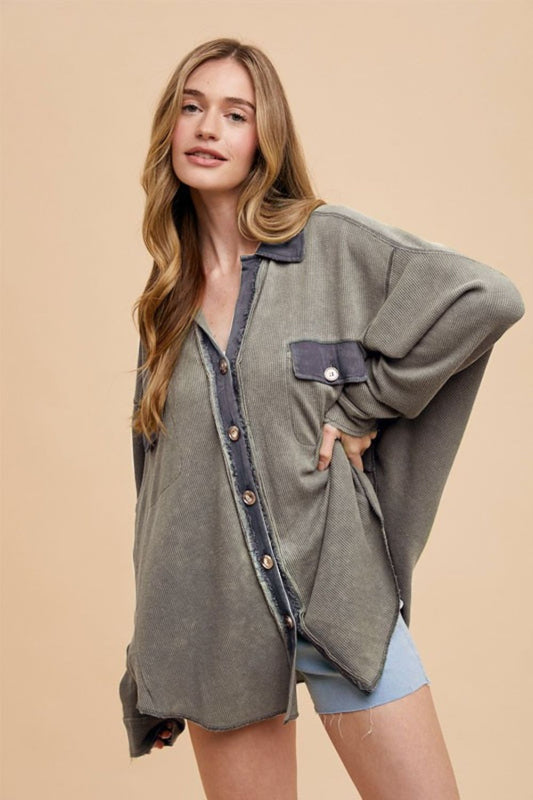 Camila® | Mineral washed waffle knit button-down shirt