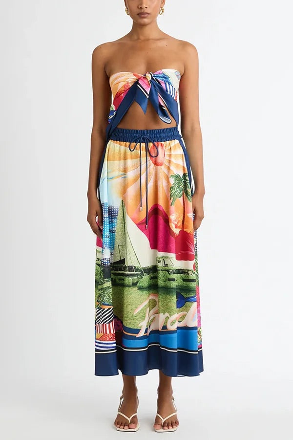 Carmen® | Seaside knotted shawl top and loose satin maxi skirt set with unique print