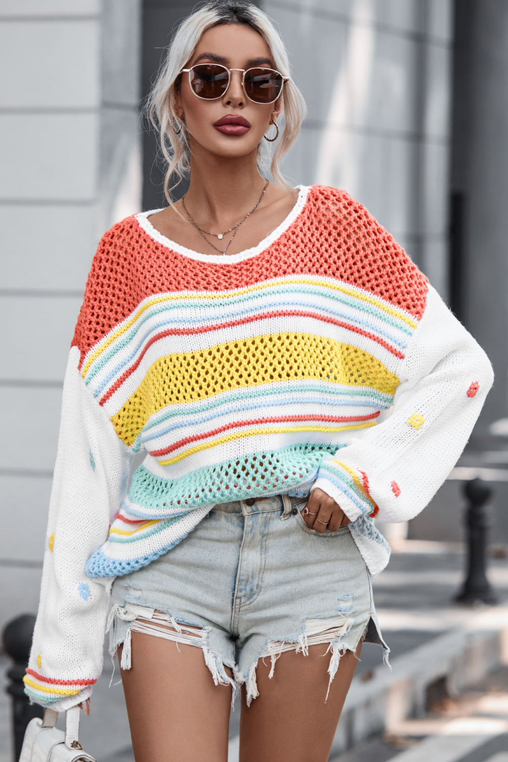 Elara® | Hollow striped color block crew neck sweater
