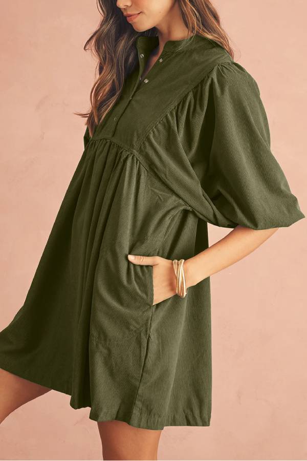 Catalina® | Vineyard Green Corduroy Snap Button Empire Waist Lantern Sleeve Dress
