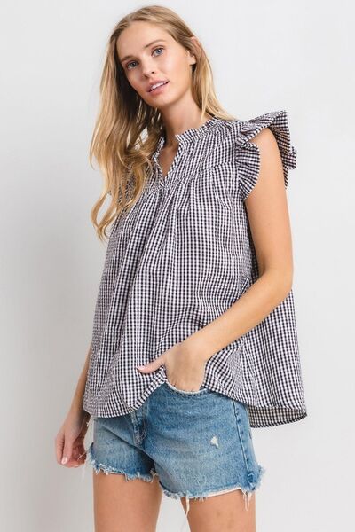 Bianca® | Checked notched ruffle cap sleeve blouse