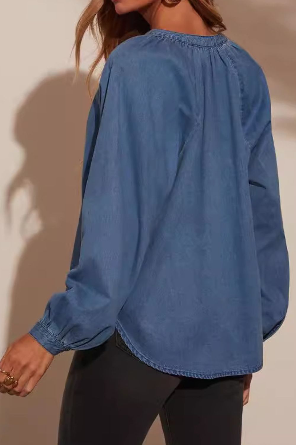 Constanza® | Long-sleeved denim top with a deep neckline and button placket