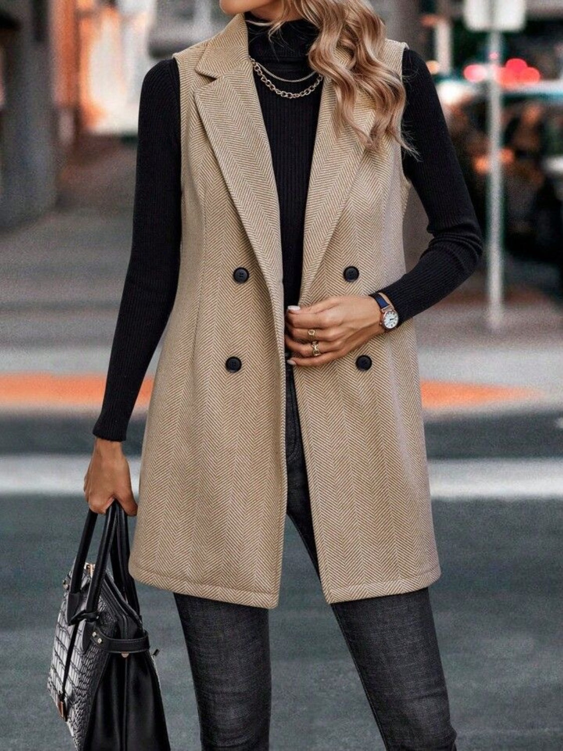 Carolin® | Long cut vest coat with buttoned collar and collar
