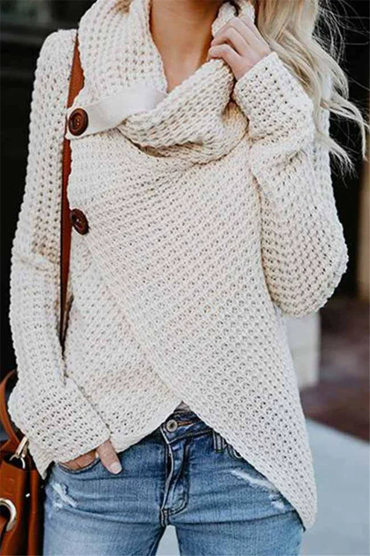 Women’s Pullover Sweater – Wool Knit – Relaxed Fit – High Neck – Crossover Front