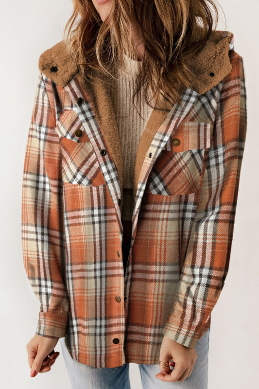 Brigida® | Checked button down long sleeve hooded jacket
