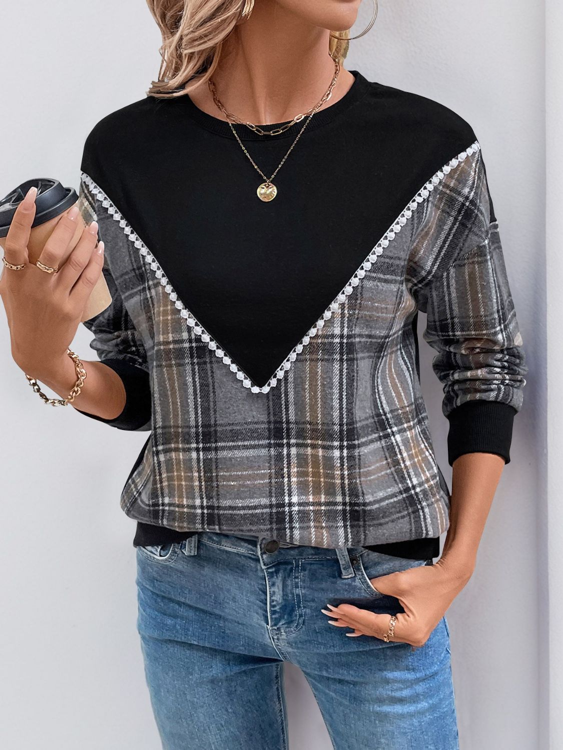 Catarina® | Perfee checked long sleeve crew neck sweatshirt