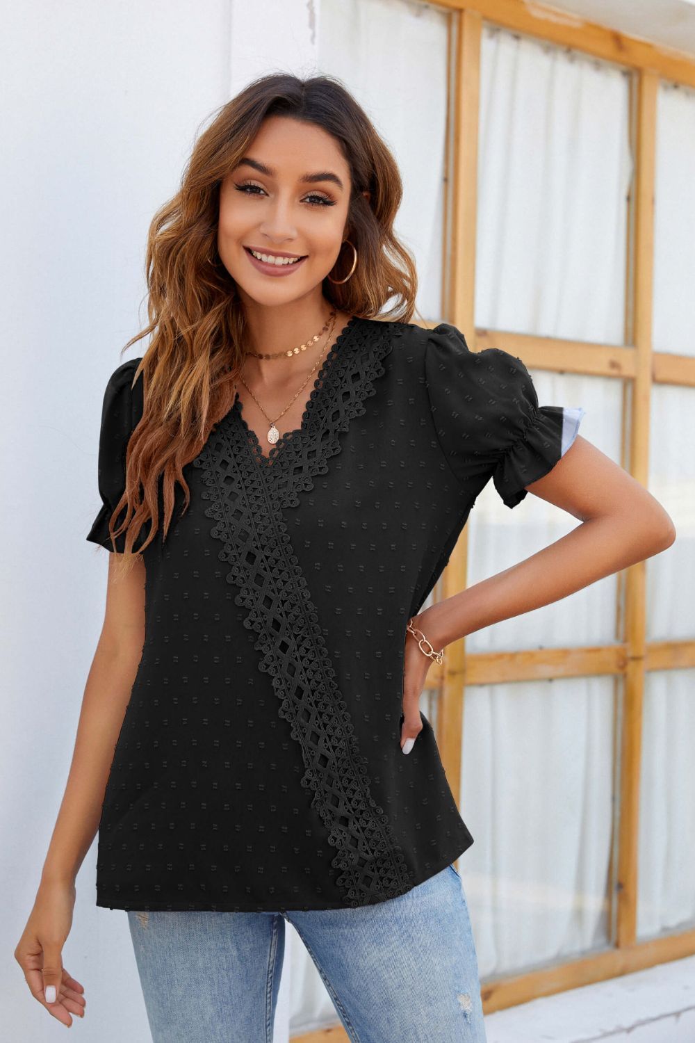 Azul® | Short sleeve blouse with V-neck and Swiss Dot lace detail