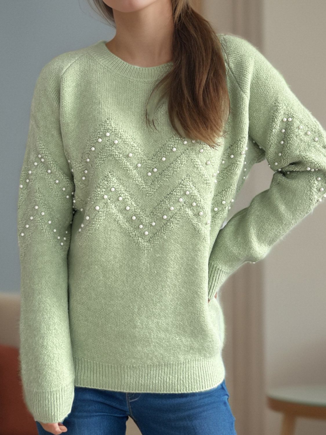 Concepcion® | Round neck sweater with raglan sleeves and pearl trim
