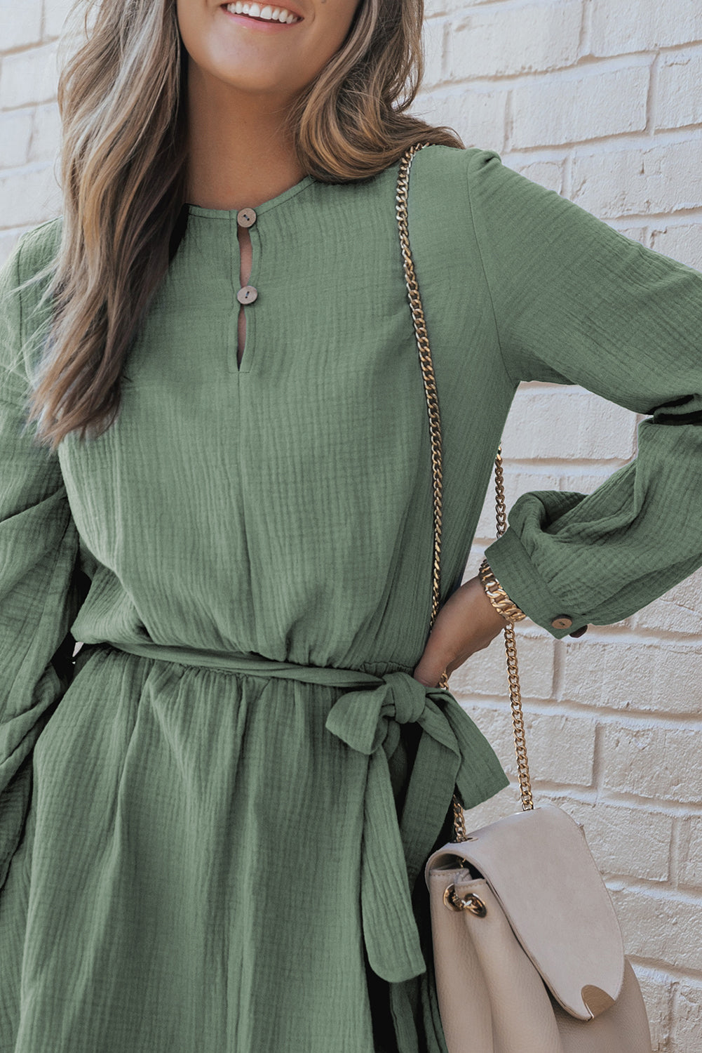 Aurora® | Dress with a round neckline, long sleeves and a tie waist