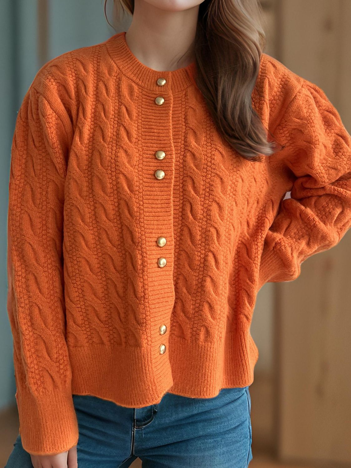 Cristina® | Cable knit cardigan with a crew neck and long sleeves