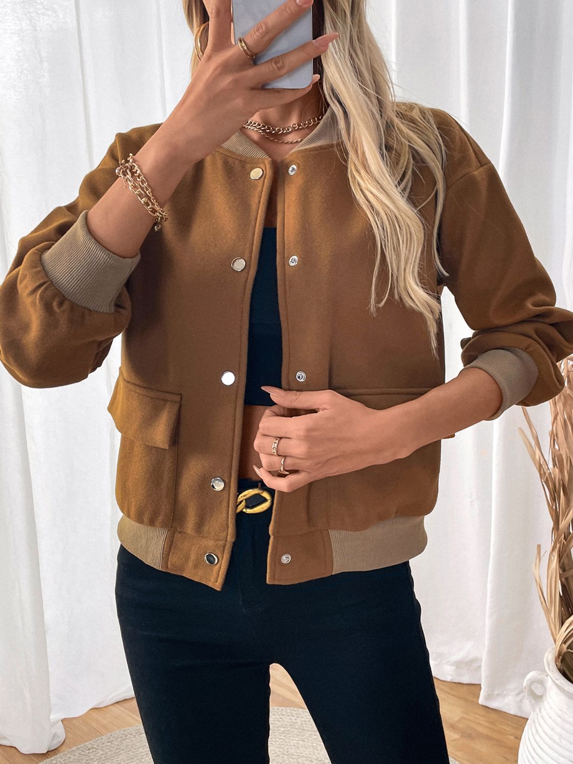 Araceli® | Perfee Baseball Collar Snap Down Long Sleeve Jacket