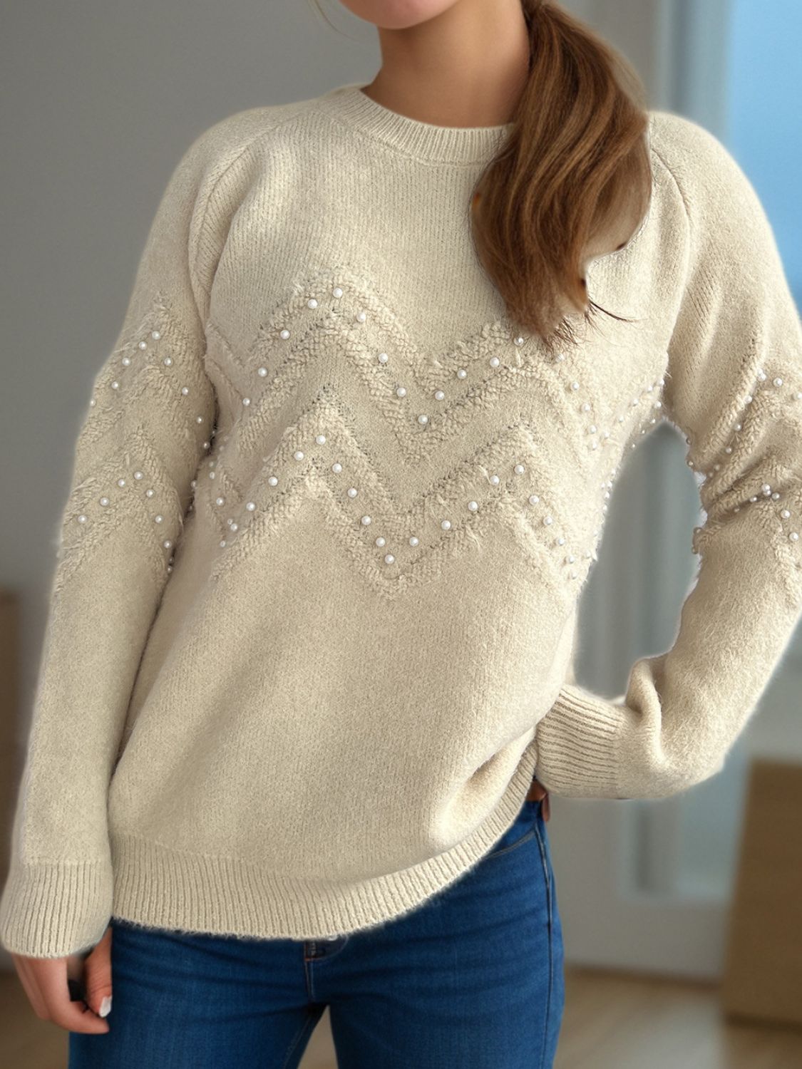 Concepcion® | Round neck sweater with raglan sleeves and pearl trim