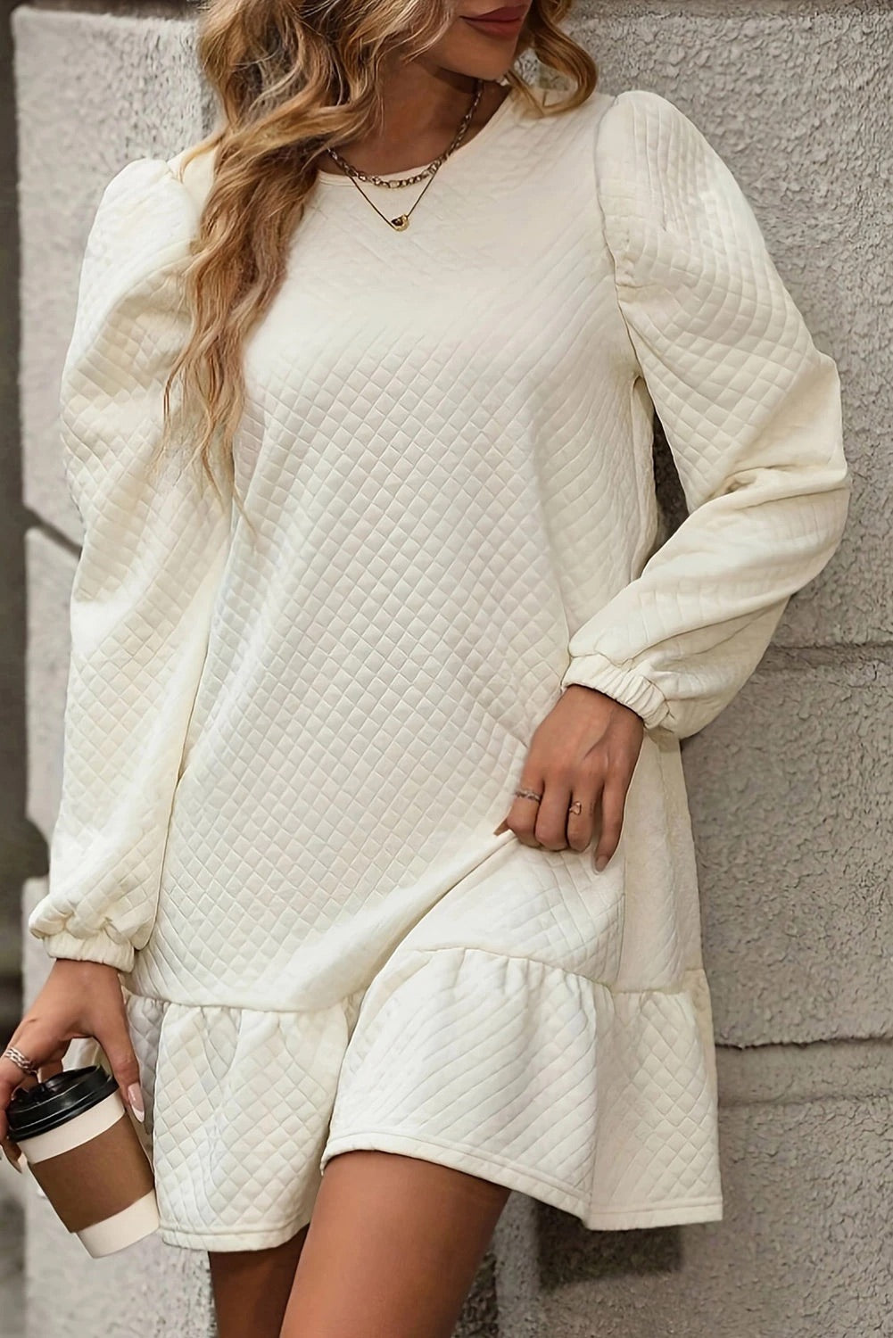 Ariana® | White structured mini dress with ruffle hem and grid pattern