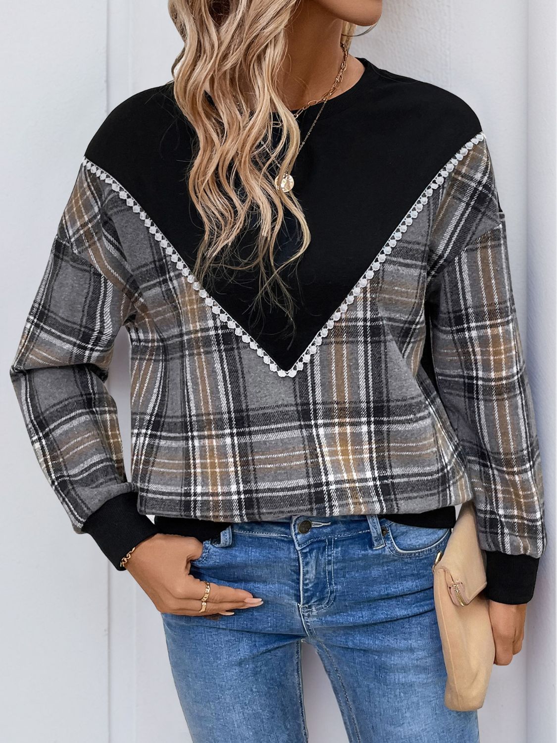Catarina® | Perfee checked long sleeve crew neck sweatshirt