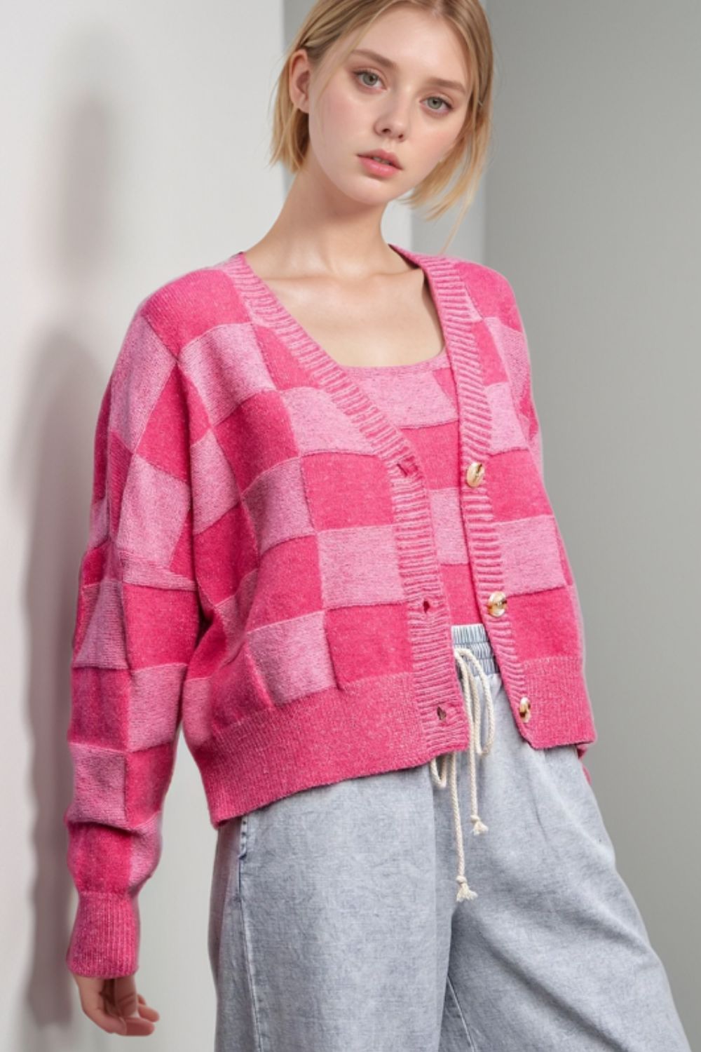 Araceli | Checked long-sleeved cardigan with V-neck
