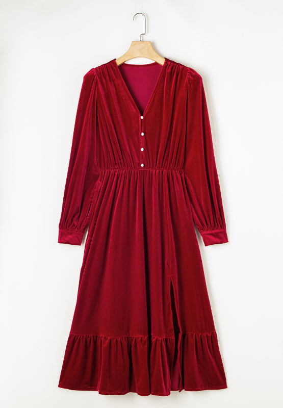 Amanda® | Long sleeve dress with ruffle hem and slit and V-neck