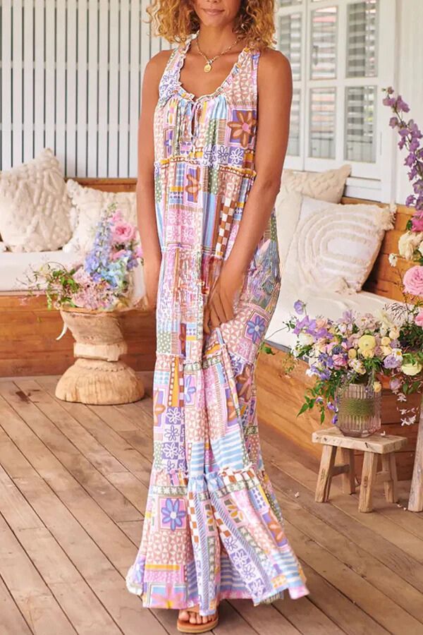 Cinthia® | Long dress with floral puzzle and round neck