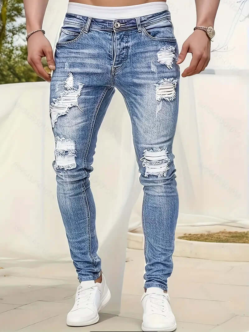 Men’s Skinny Jeans – Distressed Denim – Ripped Knees – Full Length Casual Fit