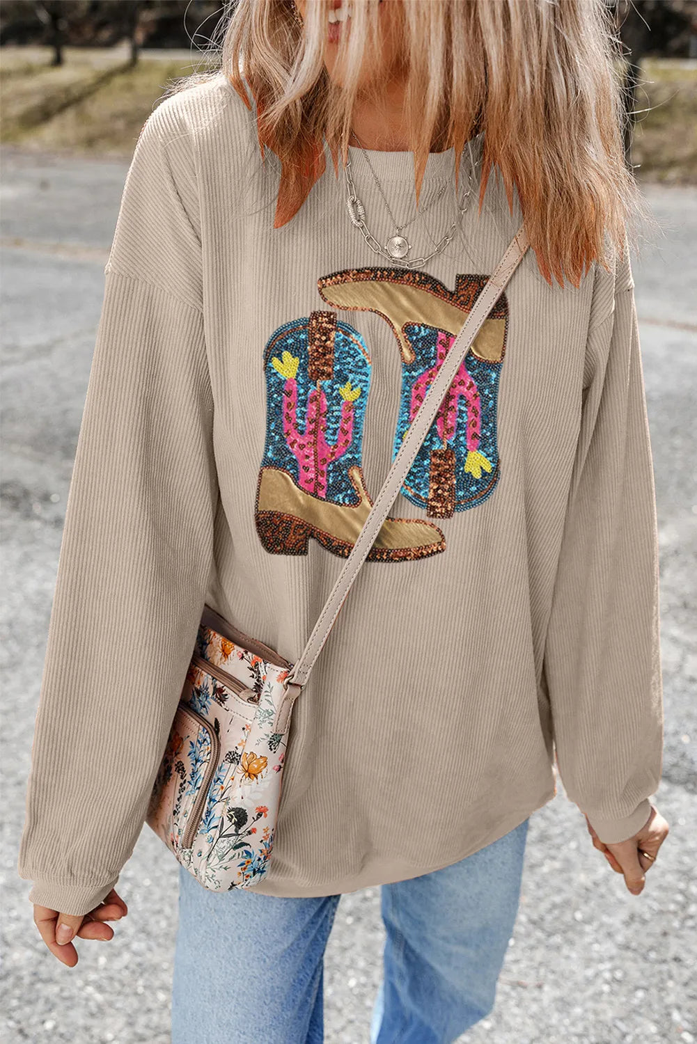Bettina® | Full size sequin boots long sleeve crew neck sweatshirt